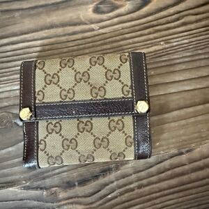 Gucci Monogram Canvas Leather Bifold Wallet Brown Beige‎